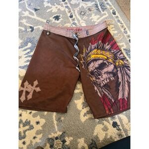 Affliction Mens Skull Headdress Board Shorts Brown MMA Surf Swim Trunks Cross